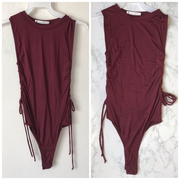 Knit Side Tie Up Burgundy Bodysuit - Picture 2 of 3